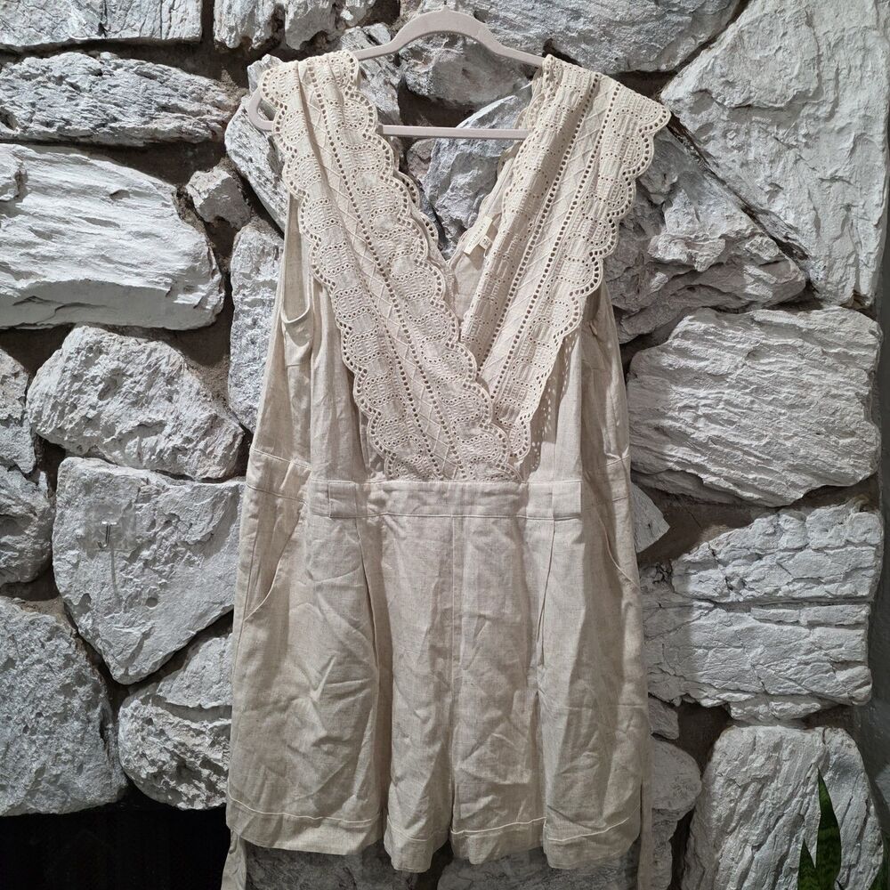 And The Why Romper Short Linen Blend Embroidered Short Sleeve N Neck 1X Women's
